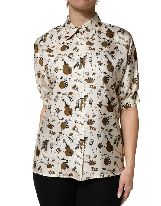 Dolce & Gabbana Maglia a maniche corte beige con stampa di strumenti musicali