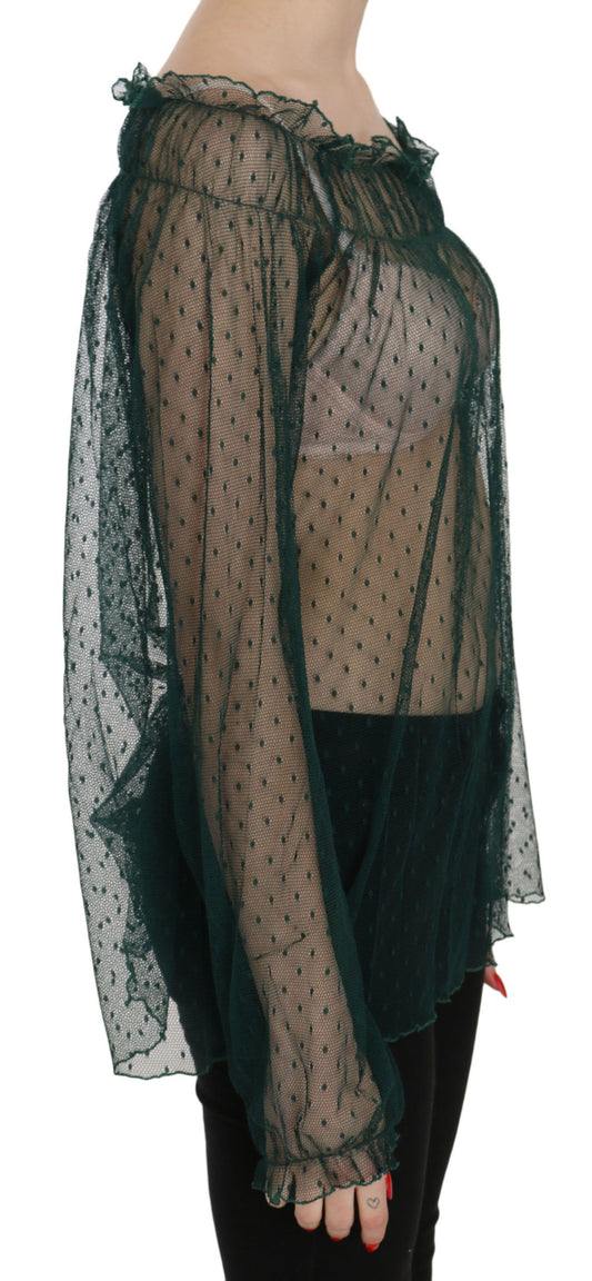 PINK MEMORIES Top blusa a maniche lunghe in rete verde trasparente