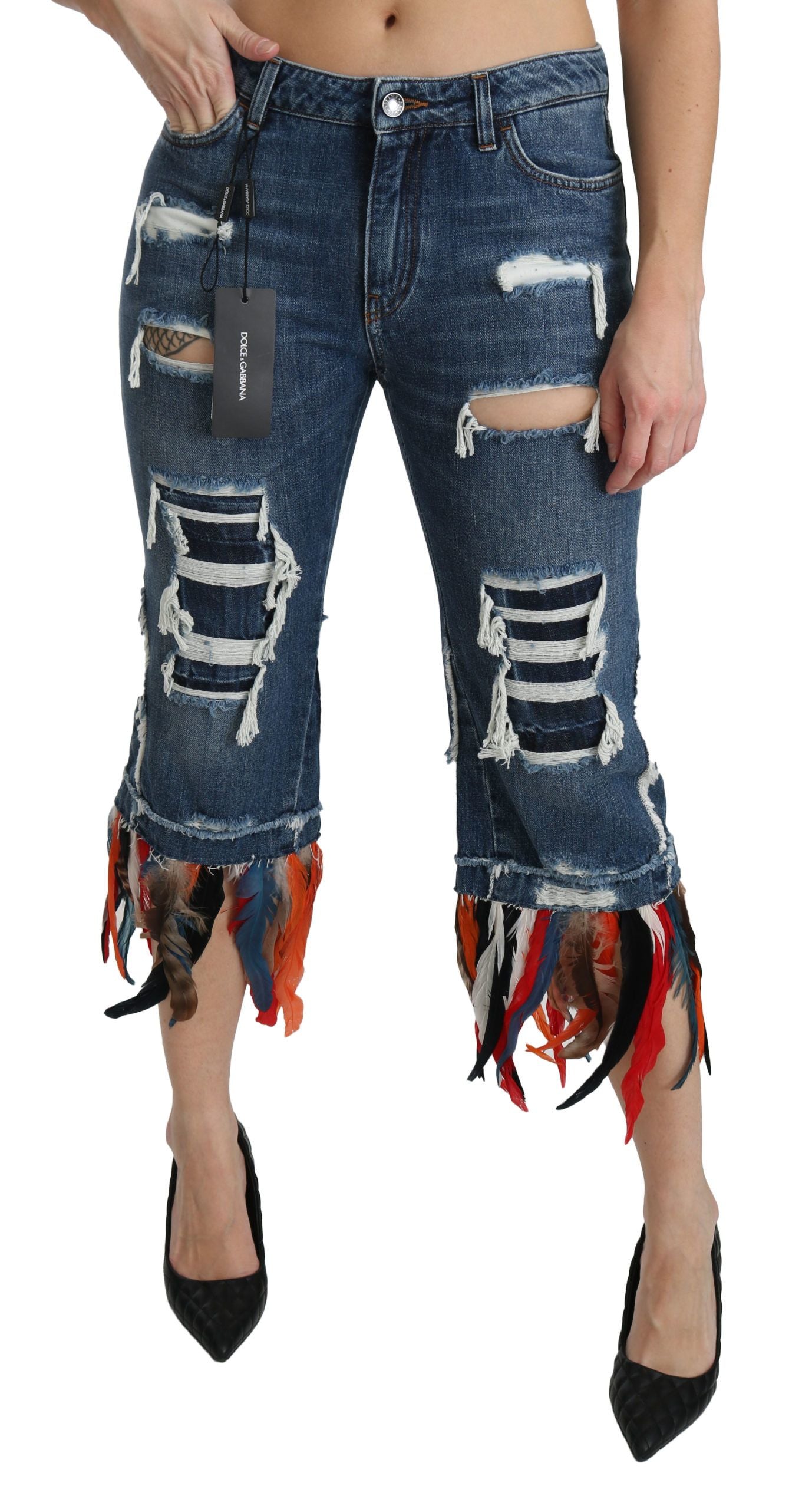 Jeans in cotone a vita bassa con piume blu Dolce & Gabbana