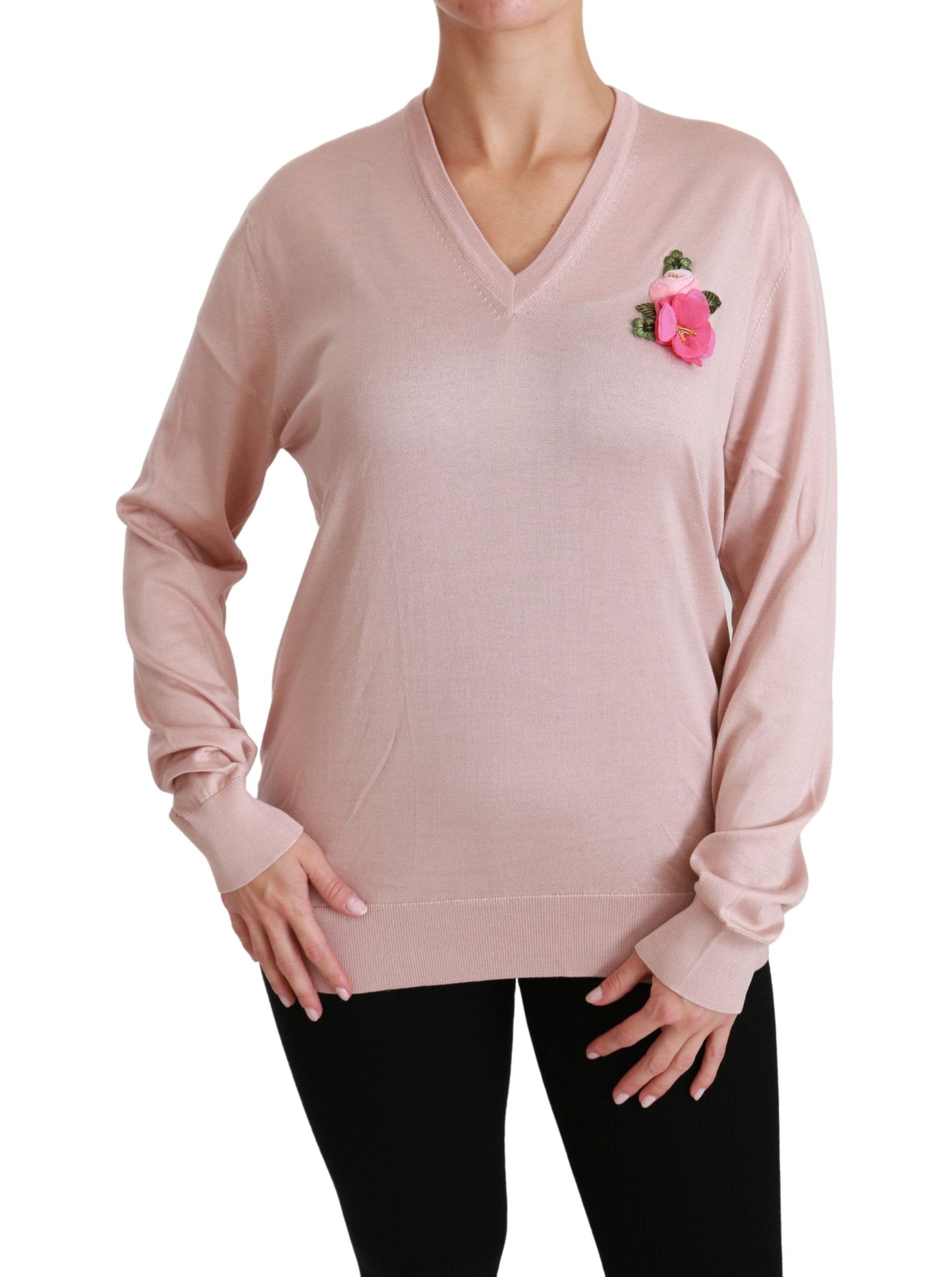 Dolce & Gabbana Maglione in seta con decorazioni floreali rosa