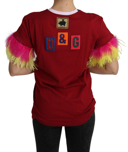 Dolce & Gabbana T-shirt con maniche a piuma e stampa di maialino rosso