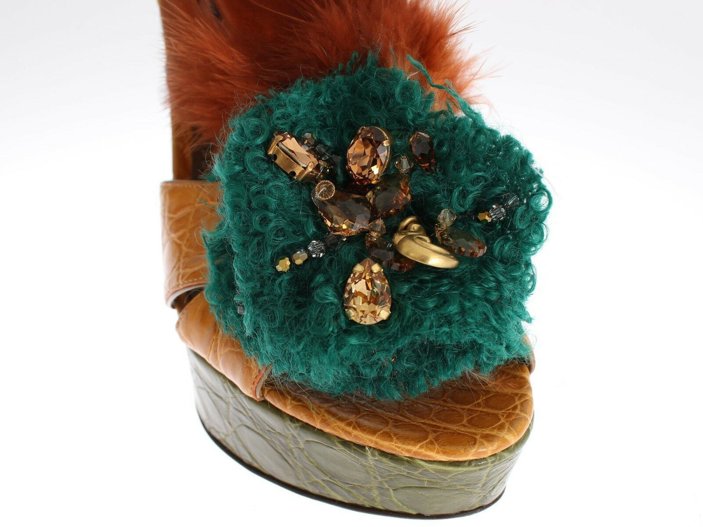Sandali con plateau in pelle arancione e cristalli Dolce & Gabbana