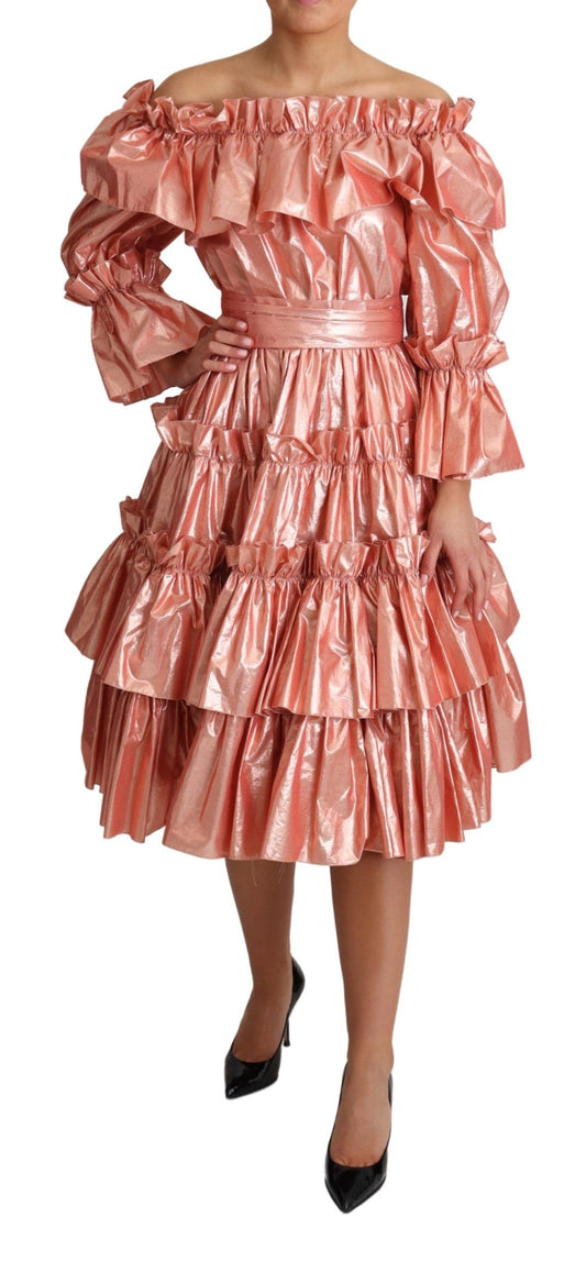 Abito in seta e cotone con volant rosa Dolce & Gabbana