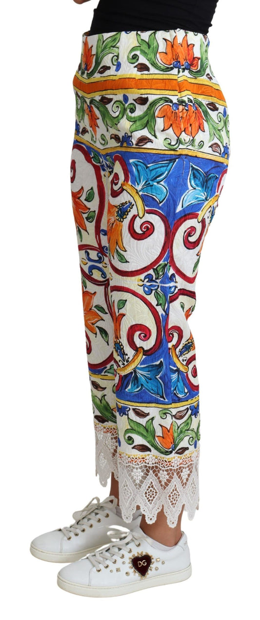 Pantaloni in cotone con stampa maiolica multicolore Dolce & Gabbana