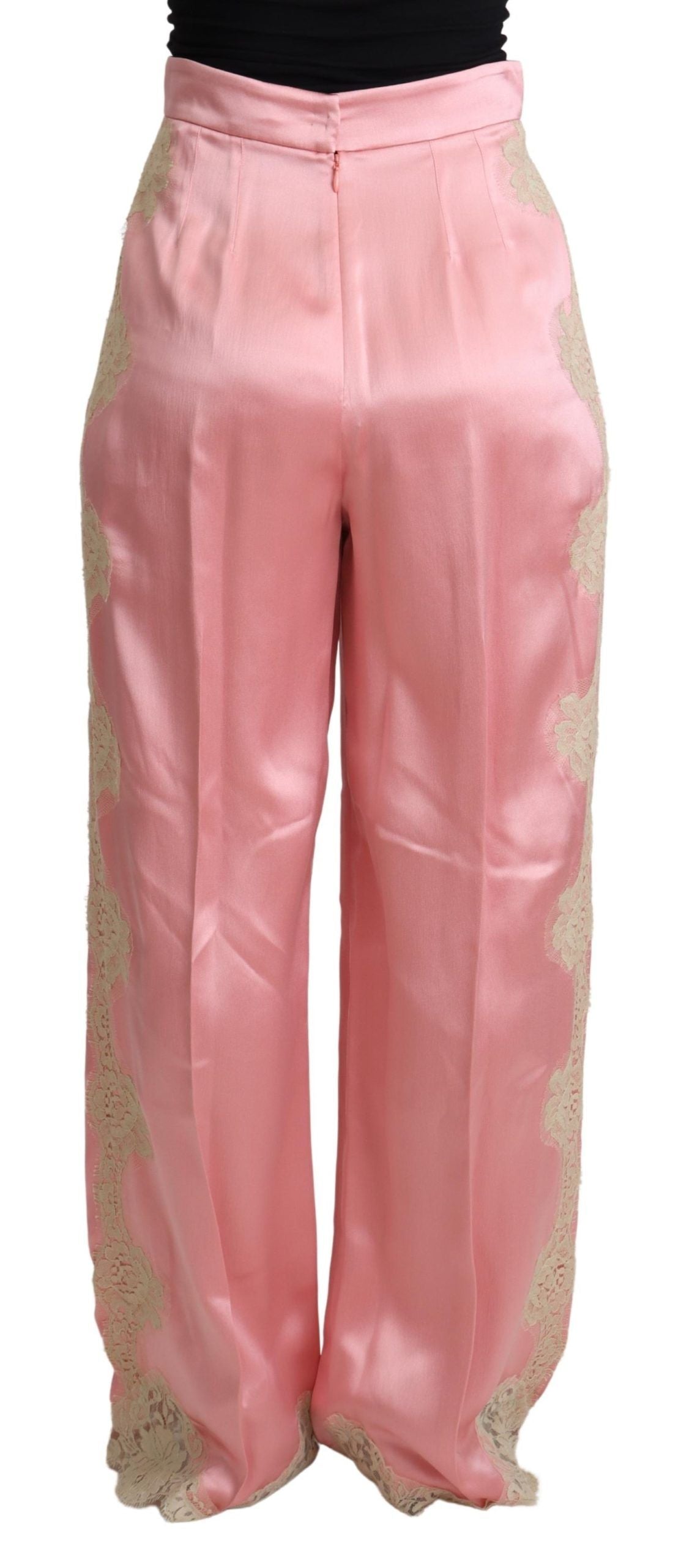 Pantaloni a gamba larga in raso di seta con pizzo rosa Dolce & Gabbana