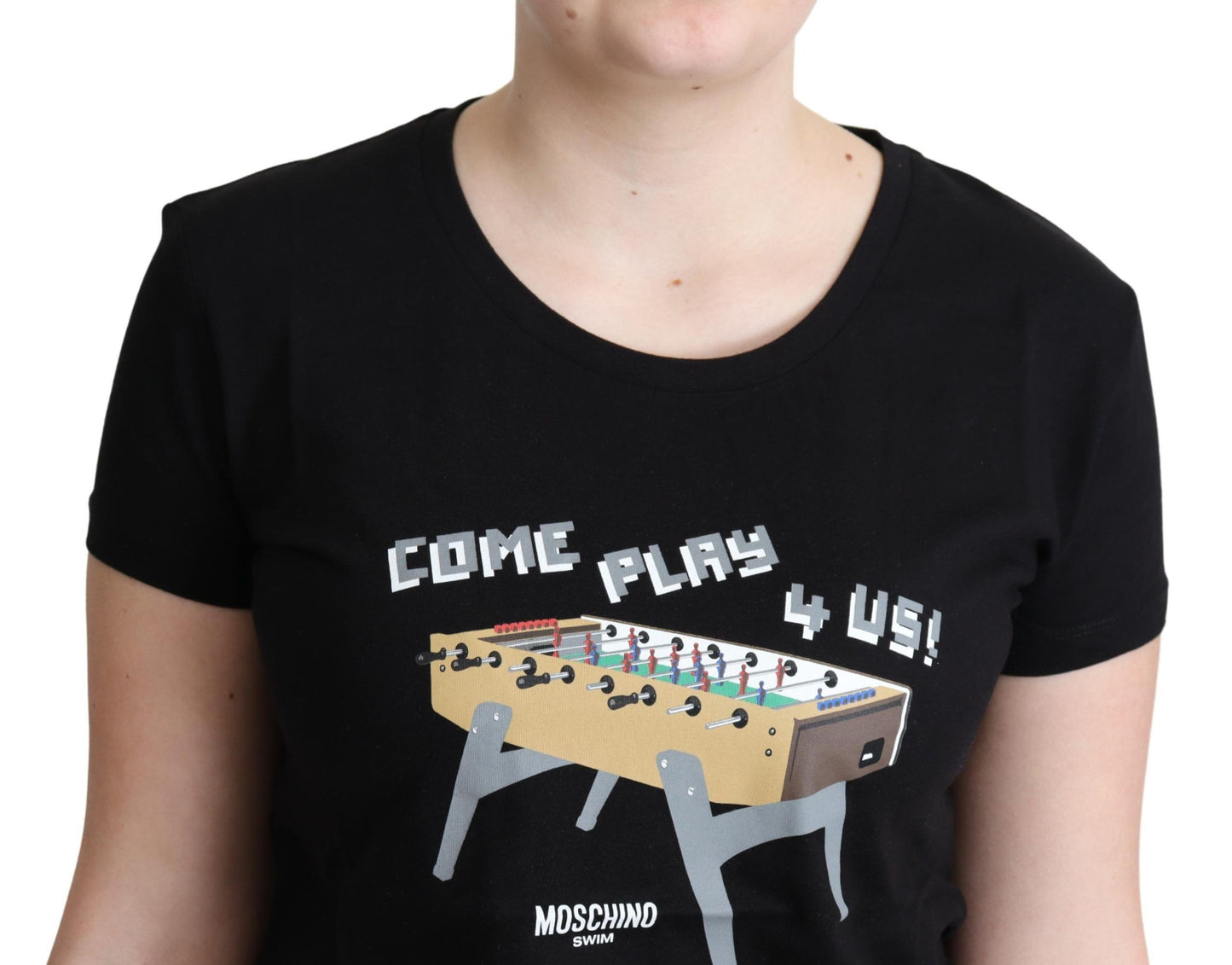 T-shirt nera in cotone con stampa "Come Play 4 Us" di Moschino