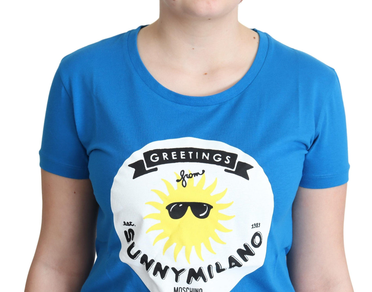 T-shirt Moschino in cotone blu con stampa Sunny Milano
