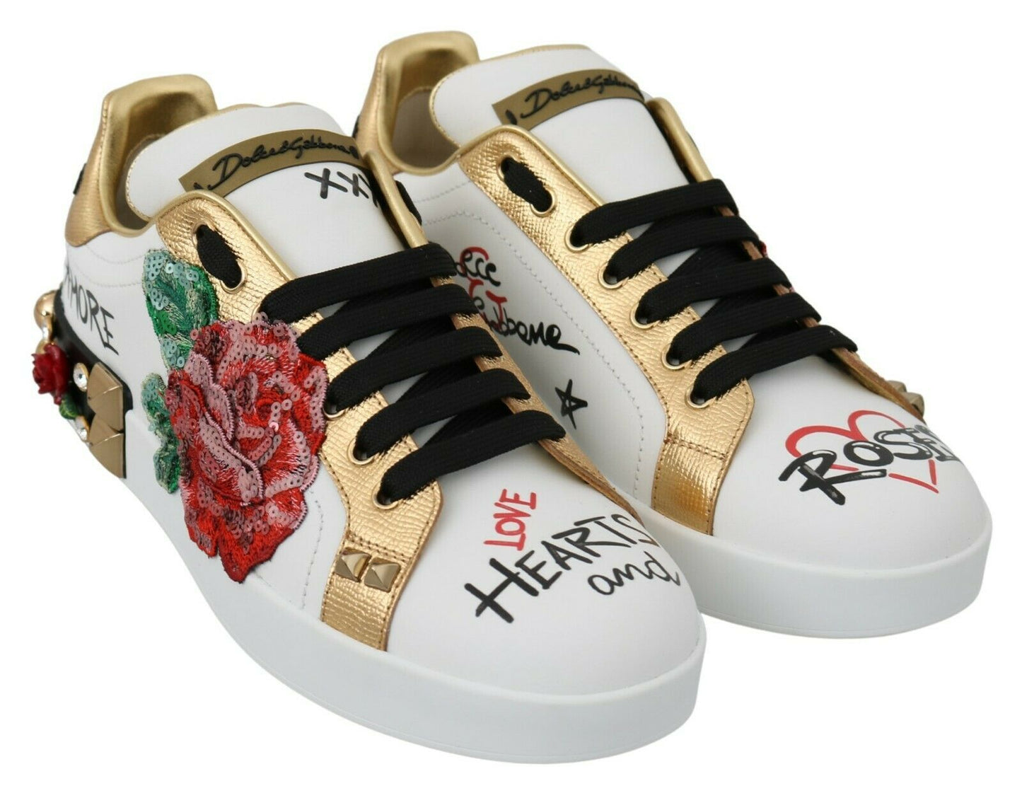 Dolce & Gabbana White Roses Sequined Crystal Sneakers da donna