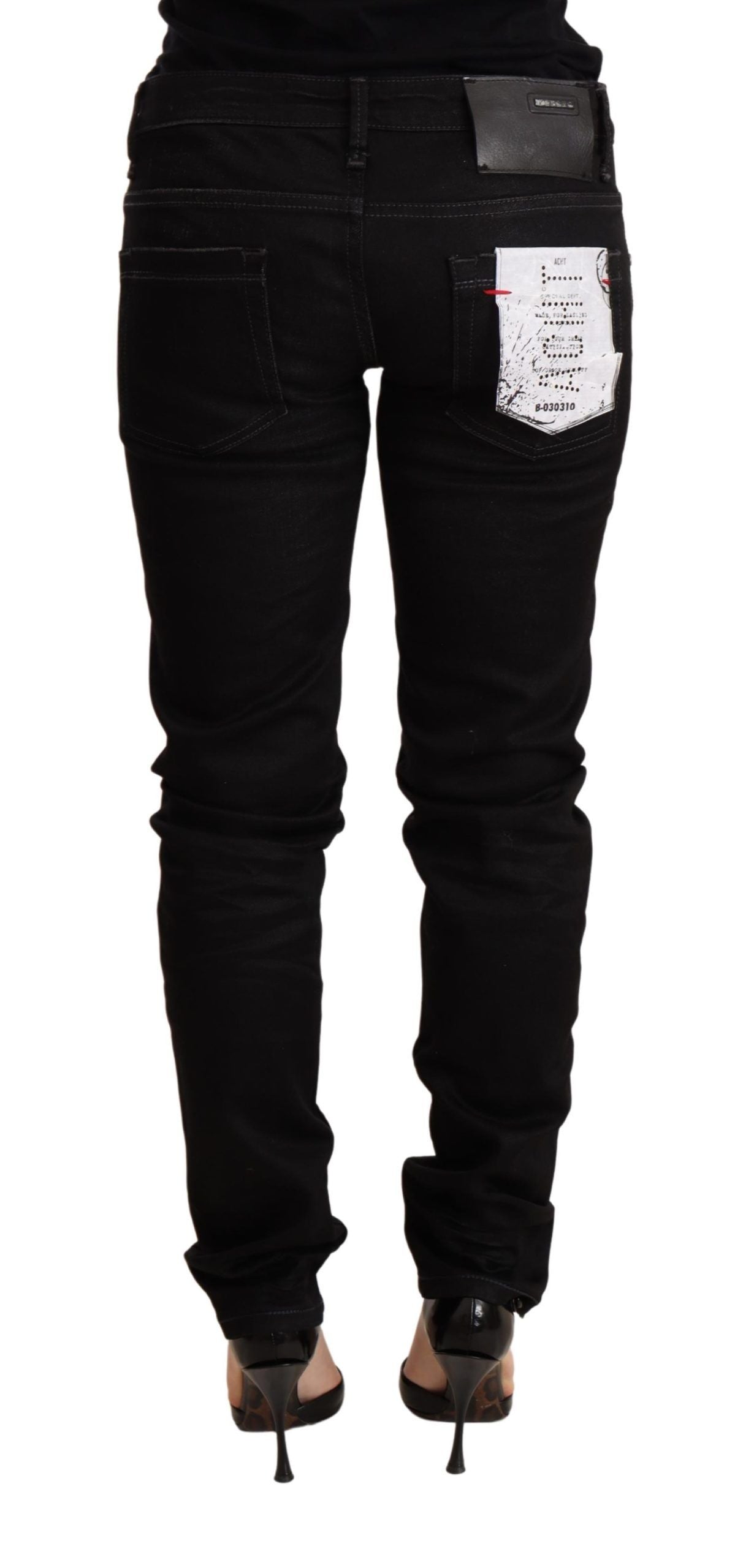 Pantaloni skinny in denim di cotone a vita bassa neri Acht