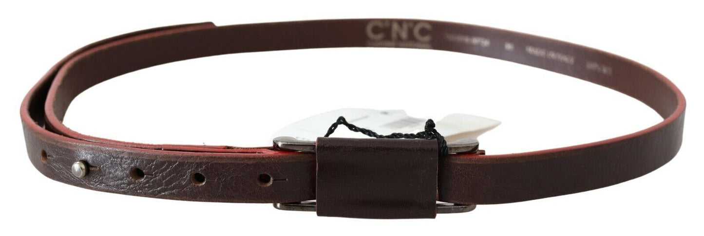 Cintura Costume National in pelle marrone con doppia fibbia argentata rustica