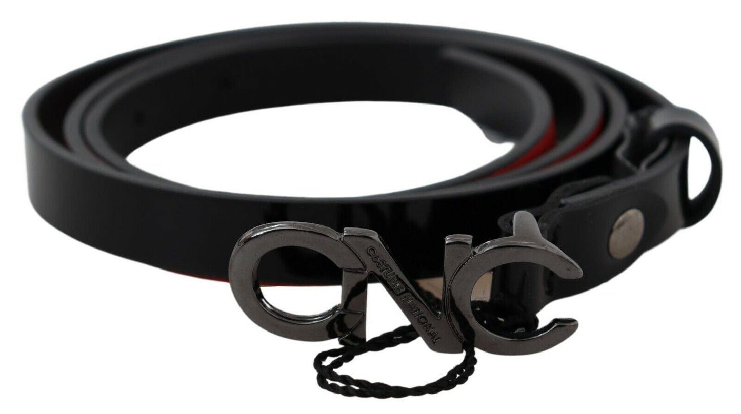 Cintura nera sottile in pelle con fibbia e logo Costume National