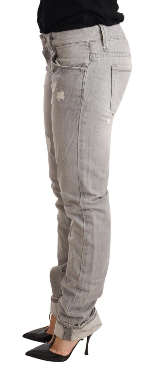 Jeans da donna in denim slim fit con orlo ripiegato in cotone grigio chiaro