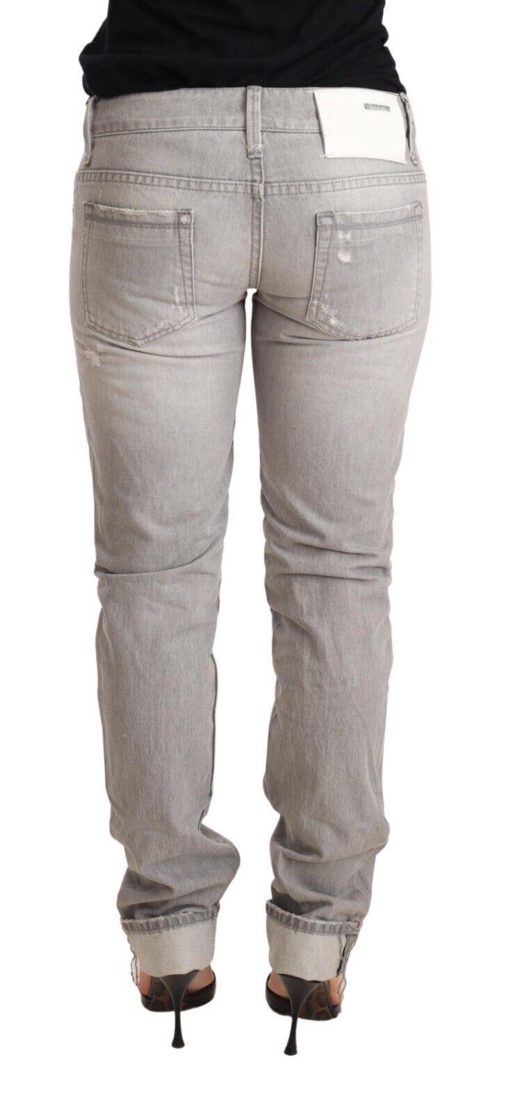 Jeans da donna in denim slim fit con orlo ripiegato in cotone grigio chiaro