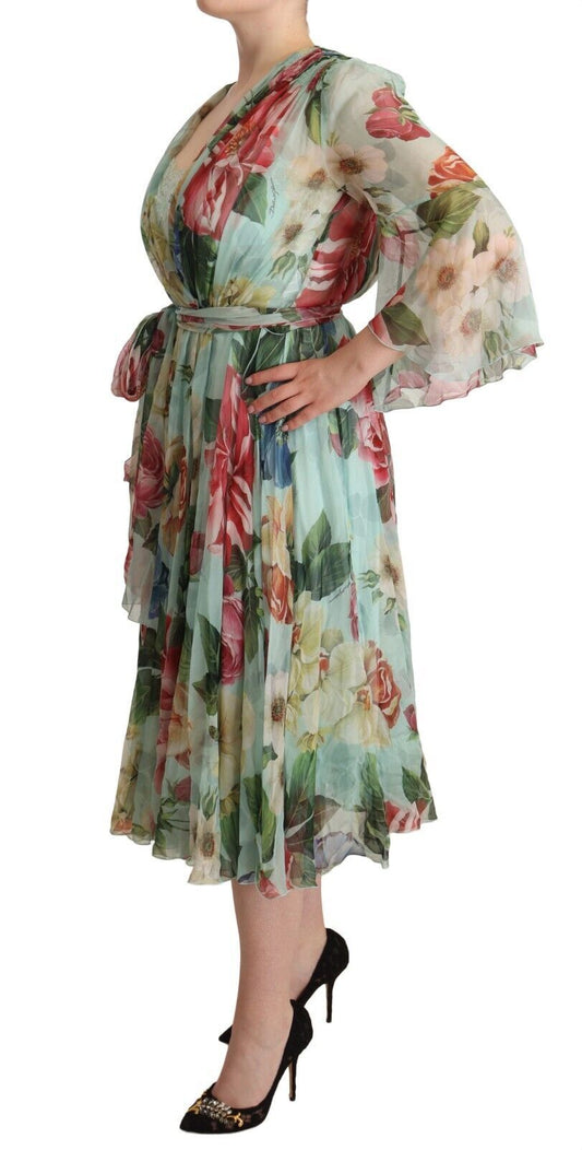 Dolce & Gabbana Abito midi a maniche lunghe con scollo a V e stampa floreale verde