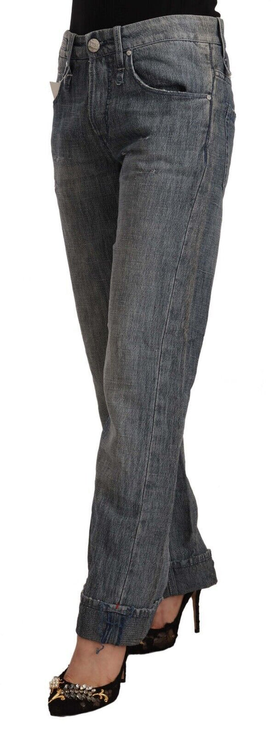 Jeans dritti a vita media in denim lavato grigio chiaro con orlo ripiegato