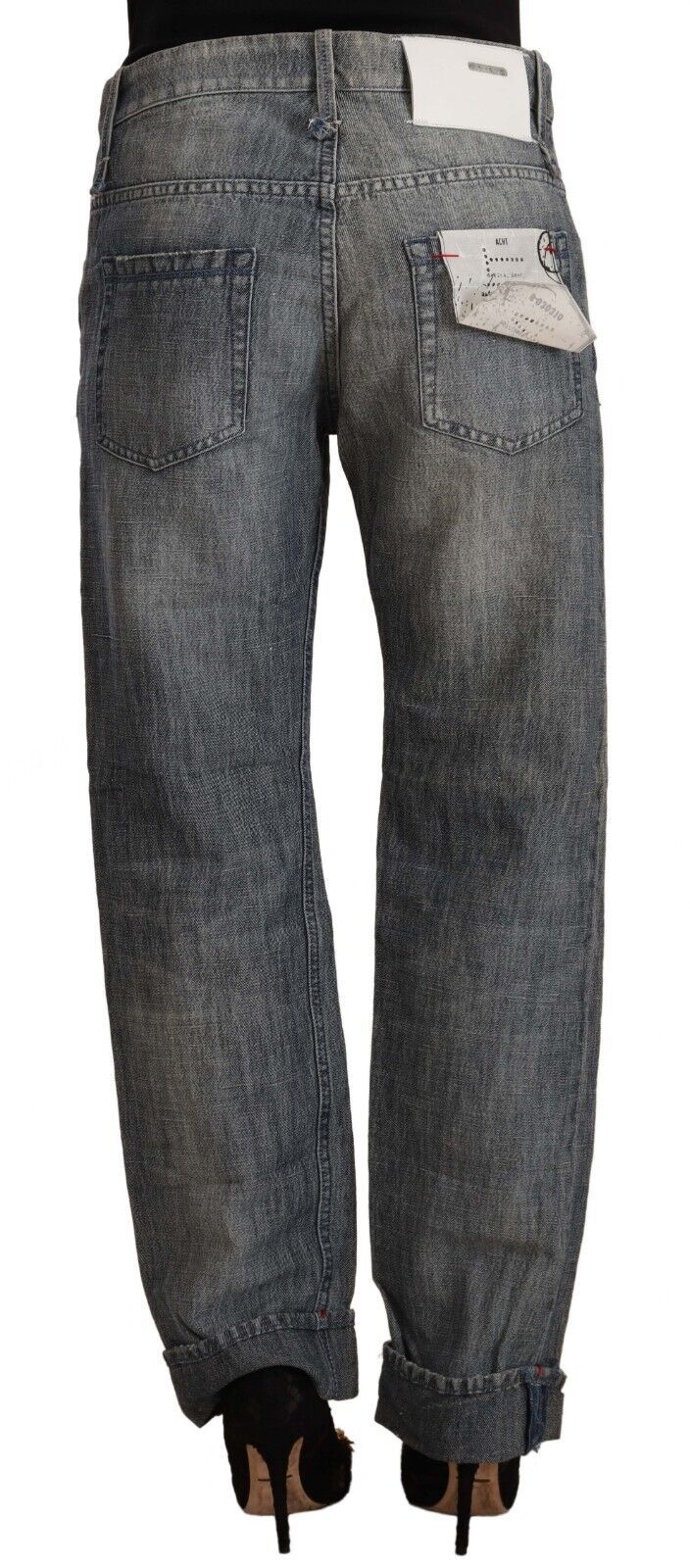 Jeans dritti a vita media in denim lavato grigio chiaro con orlo ripiegato