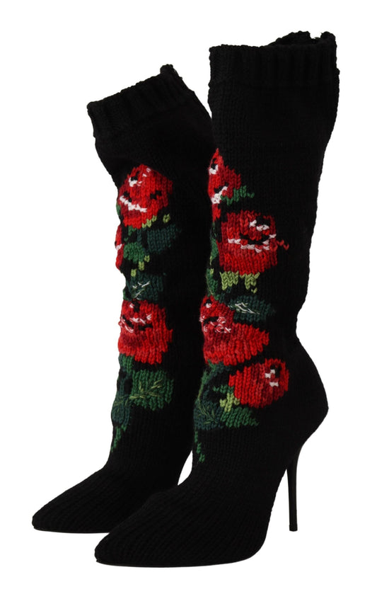 Dolce & Gabbana Calzini elasticizzati neri con rose rosse e stivaletti