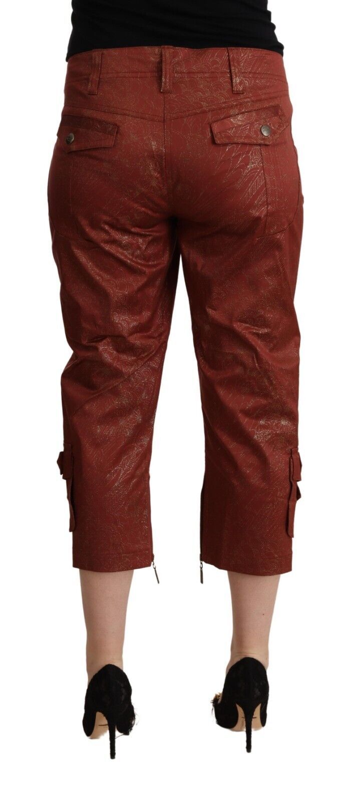 Pantaloni Capri corti in cotone a vita media in lurex marrone Just Cavalli