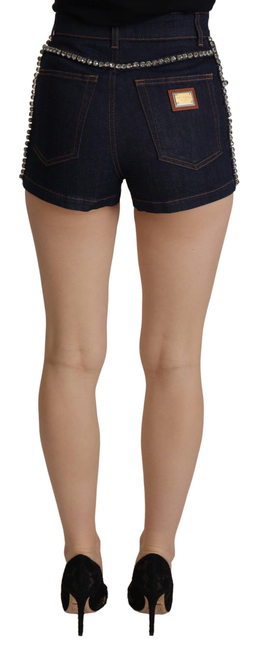 Pantaloncini corti in denim elasticizzato blu con cristalli Dolce & Gabbana
