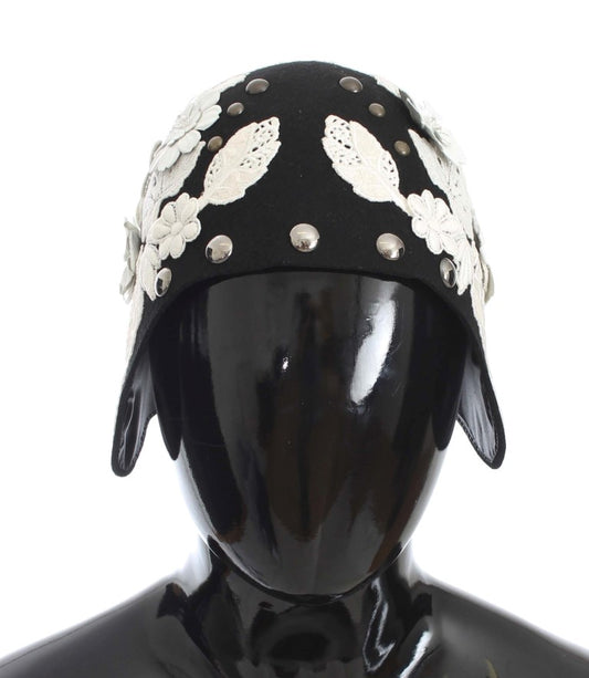 Cappello Dolce & Gabbana in lana nera con motivo floreale bianco e foglia d'oro