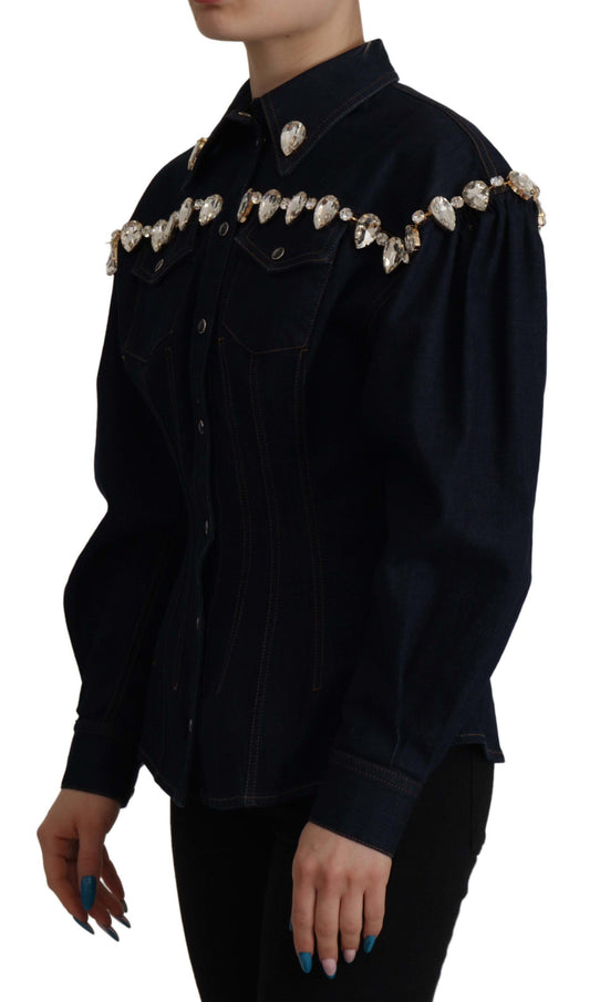 Giacca in cotone con cristalli e denim blu Dolce & Gabbana
