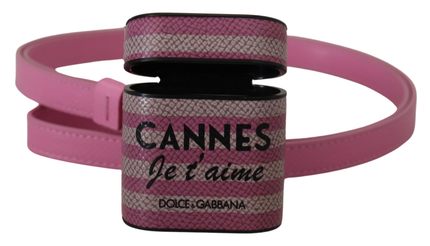Custodia per Airpods Dolce & Gabbana con cinturino in pelle rosa e nera e logo in metallo dorato