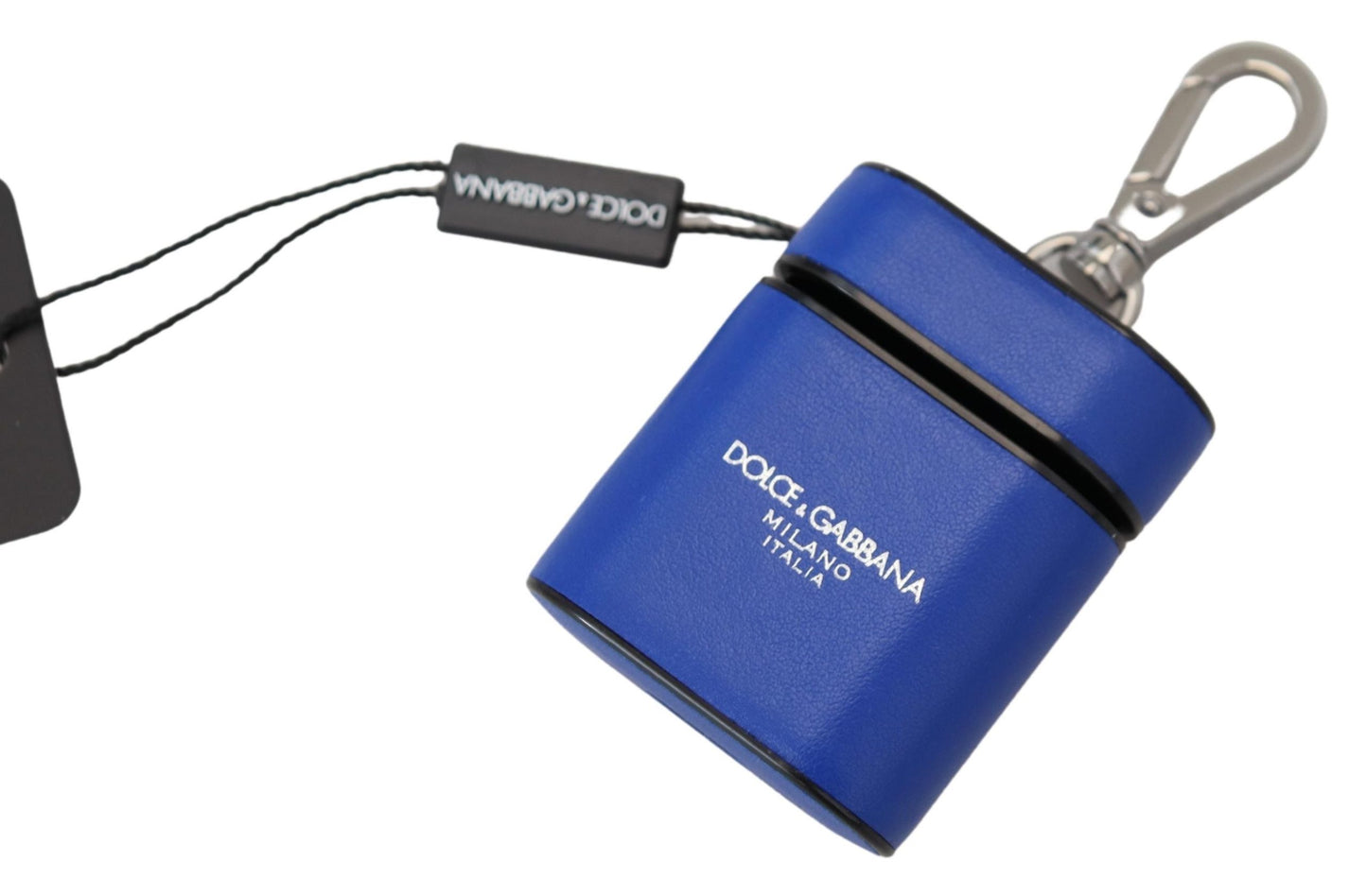 Custodia per Airpods Dolce & Gabbana in pelle blu con logo in metallo argentato