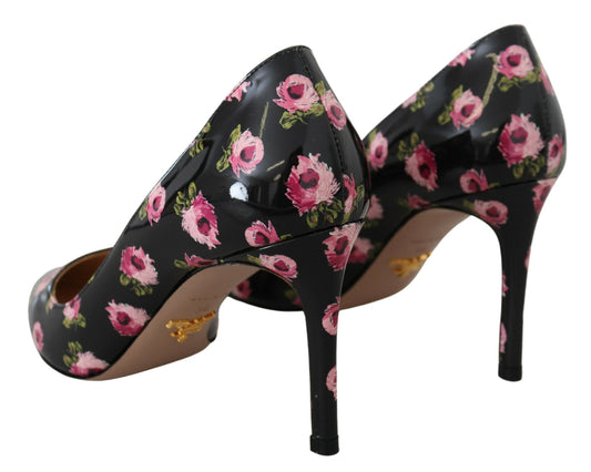 Décolleté Prada con tacco a spillo e stampa floreale in pelle nera