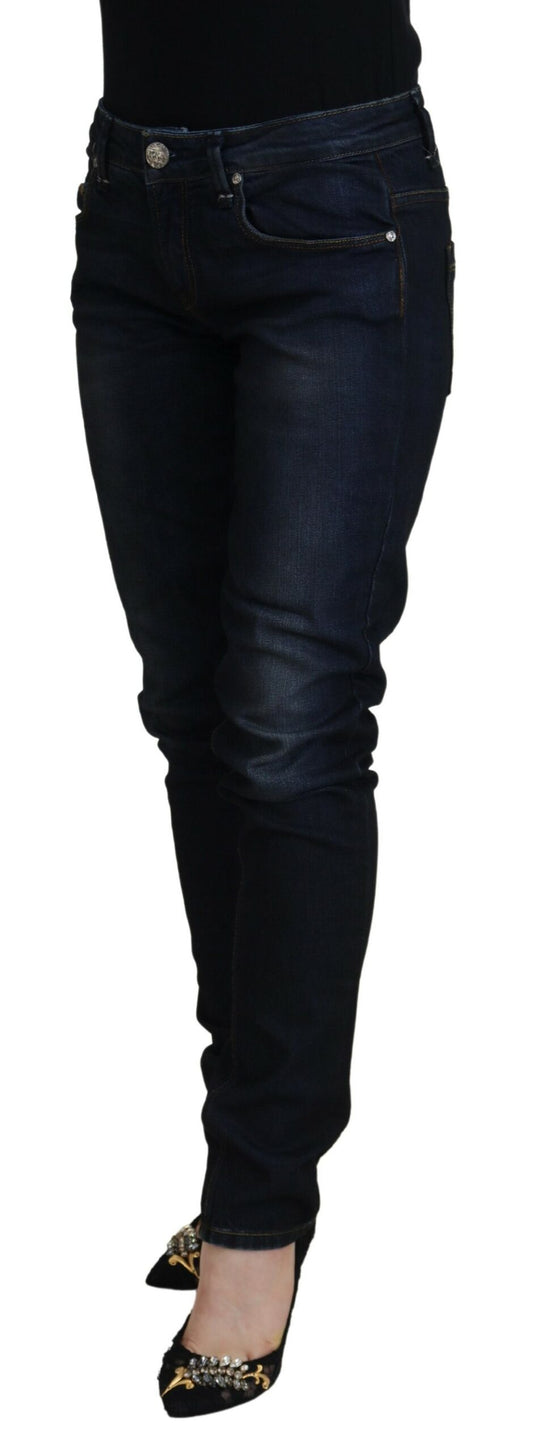 Jeans casual da donna in denim skinny a vita bassa in cotone blu Acht