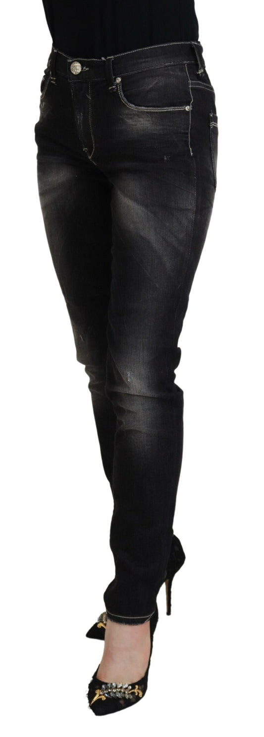 Jeans casual da donna in denim affusolato a vita media, lavati neri Acht
