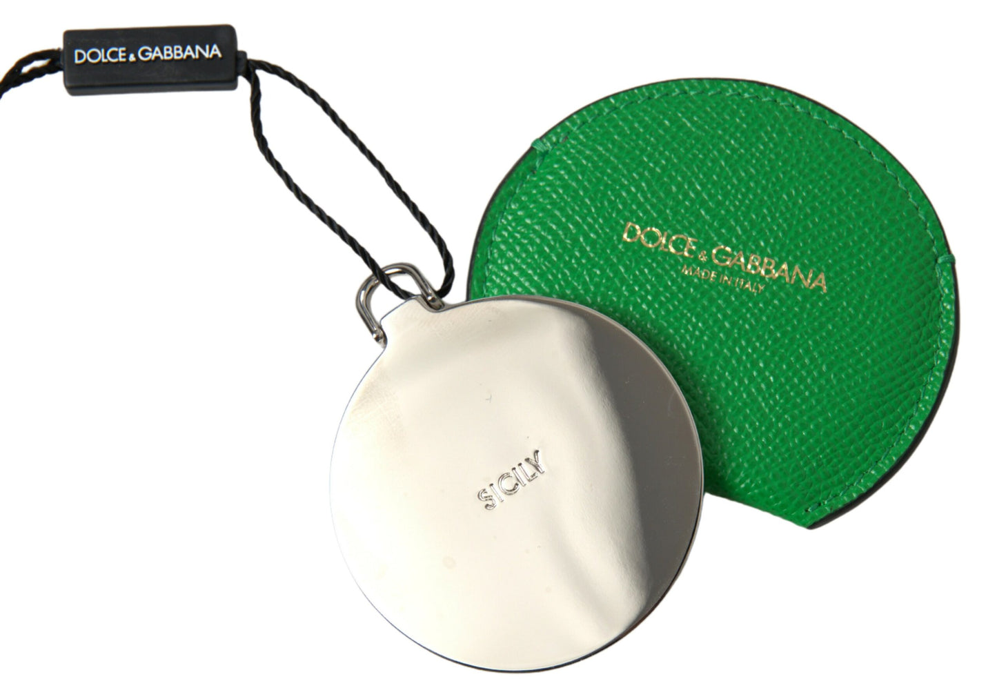 Portaspecchietto rotondo con logo Dolce & Gabbana in pelle di vitello verde