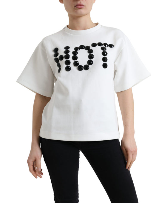 T-shirt Dolce & Gabbana bianca in cotone elasticizzato nera HOT Crystal