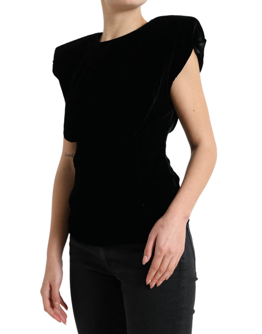 Dolce & Gabbana Top blusa aderente in velluto nero con spalle imbottite
