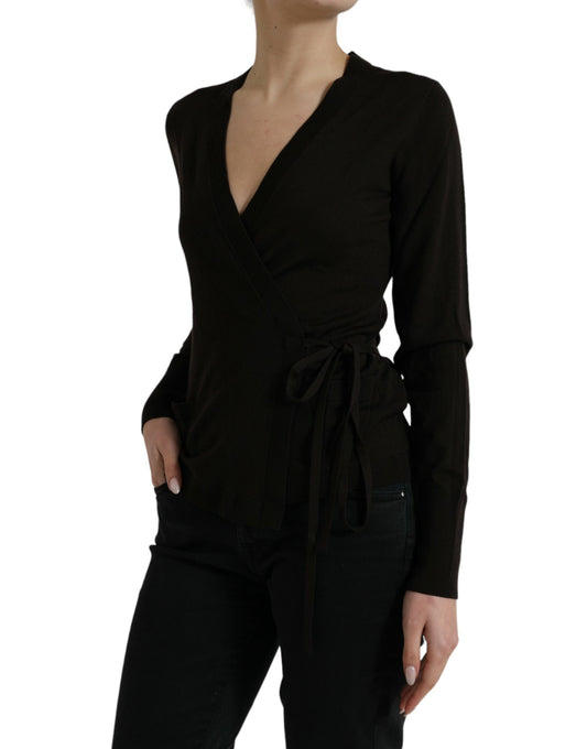 Dolce & Gabbana Maglione Cardigan Incrociato con Scollo a V in Lana Nera
