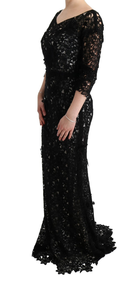 Abito lungo floreale in cotone e seta nero Dolce & Gabbana
