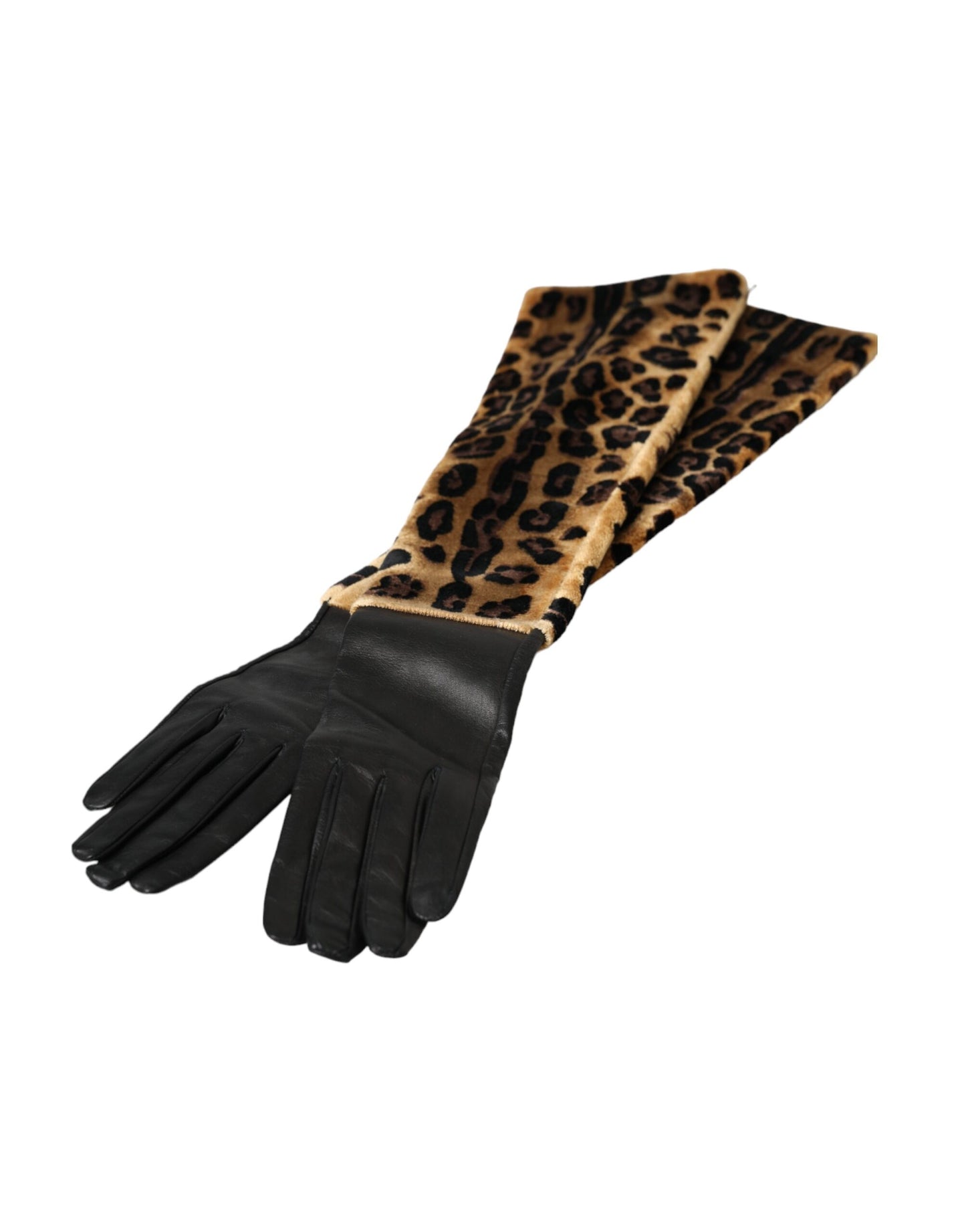 Guanti lunghi fino al gomito in pelle leopardata marrone e nera Dolce & Gabbana