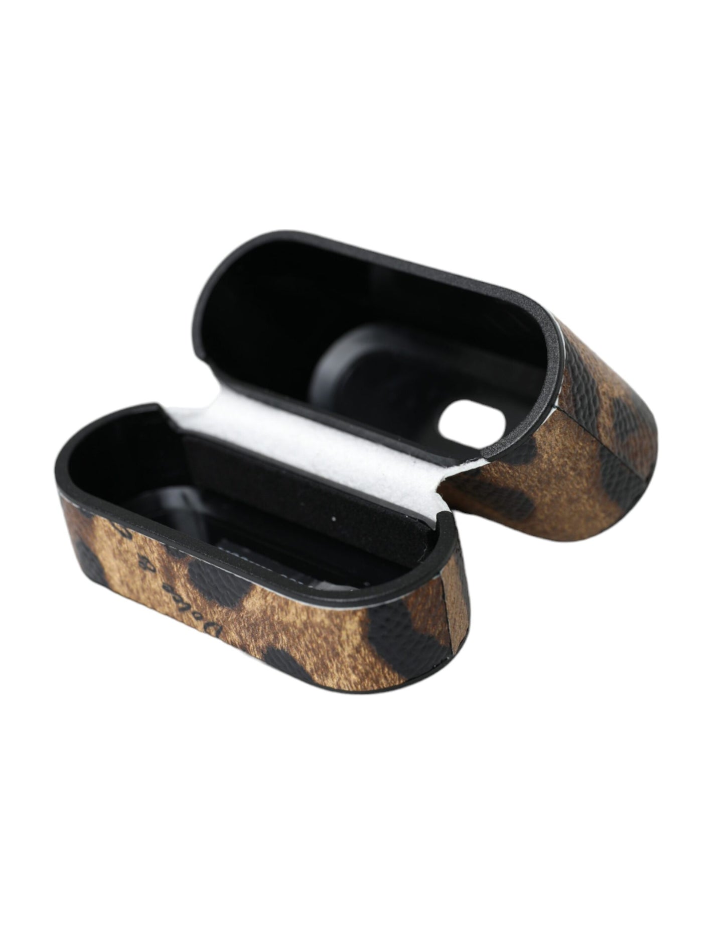Custodia per Airpods Dolce & Gabbana in pelle di vitello leopardata marrone con logo in metallo