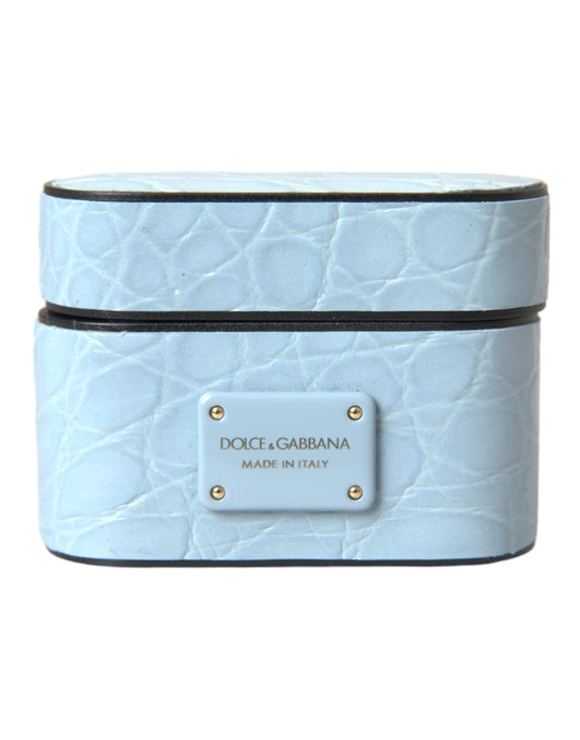 Custodia per Airpods Dolce & Gabbana con placca in metallo con logo in pelle azzurra