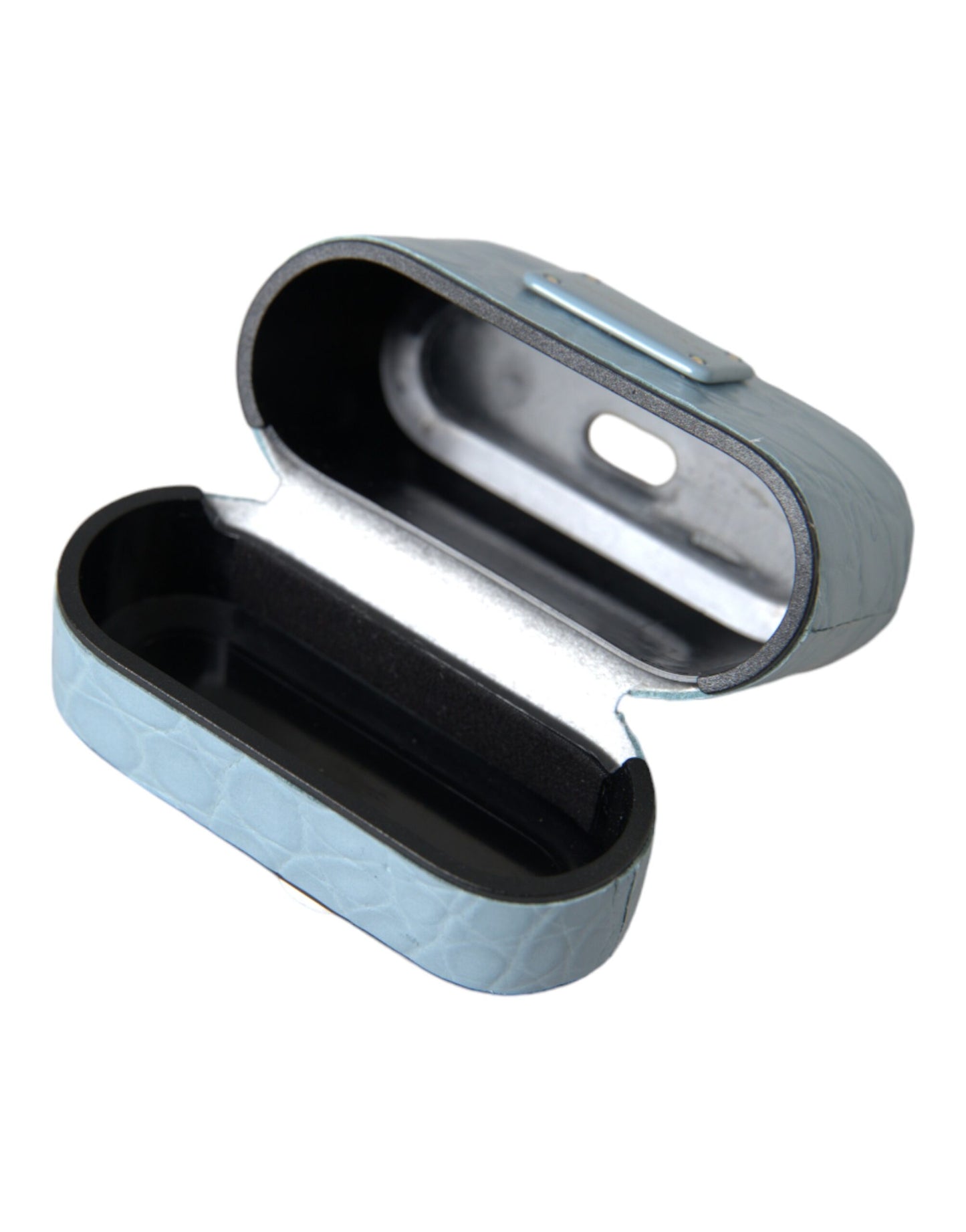 Custodia per Airpods Dolce & Gabbana con placca in metallo con logo in pelle azzurra