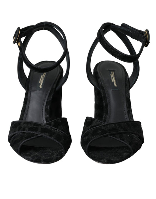 Sandali con tacco in pelle scamosciata leopardata nera Dolce & Gabbana