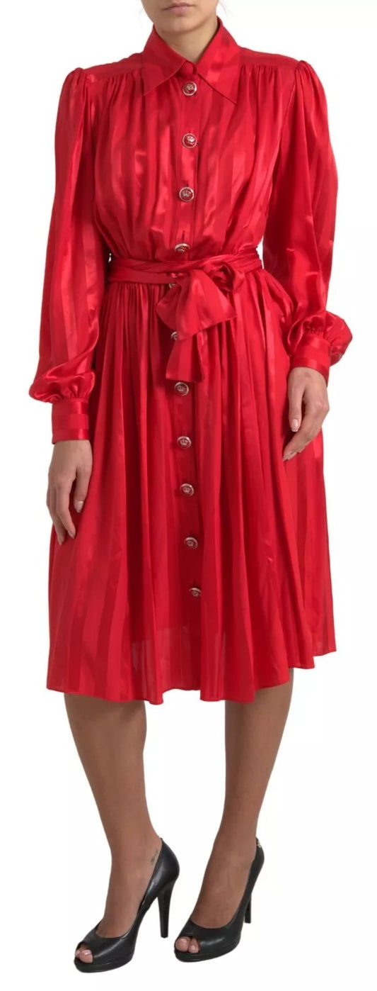 Abito midi in raso di seta con cintura e bottoni rosso Dolce & Gabbana