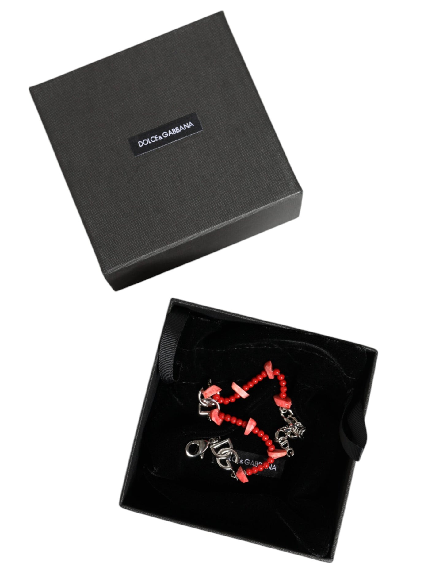 Bracciale Dolce & Gabbana con catena in ottone argentato e perline in resina con logo DG
