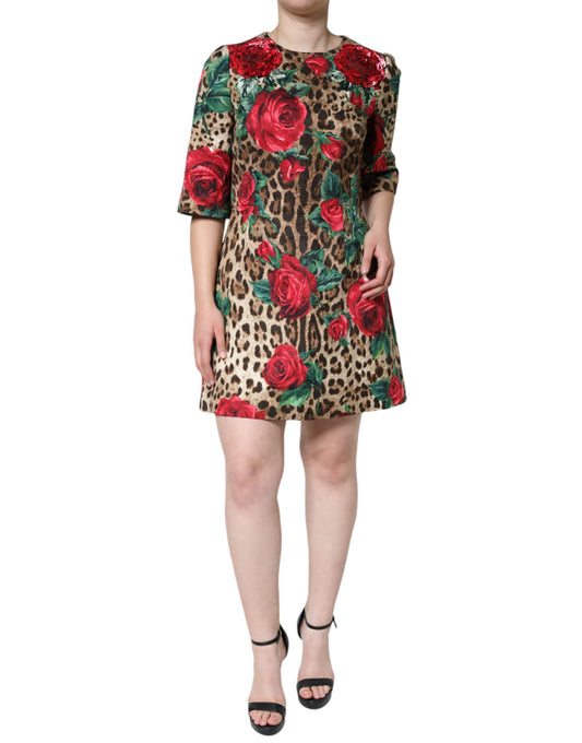 Abito a trapezio in cotone con rose rosse e leopardo marrone Dolce & Gabbana
