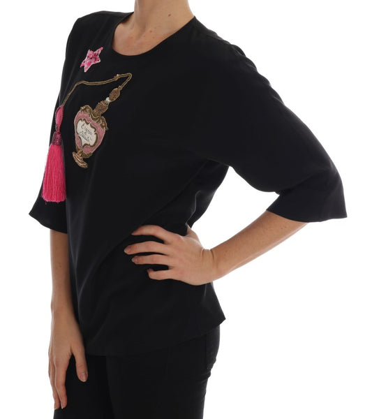 Dolce & Gabbana Top in seta nera con cristalli e fiabe