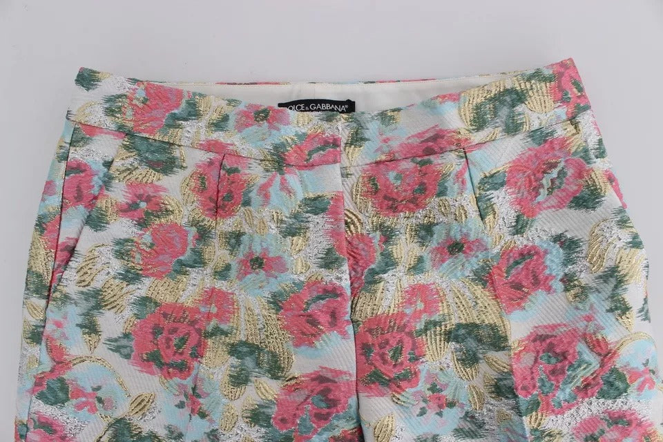 Pantaloni in broccato floreale bianco e rosa Dolce & Gabbana