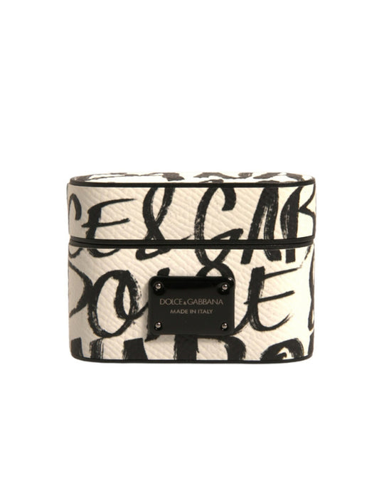 Custodia per Airpods Dolce & Gabbana in pelle nera e bianca con logo in rilievo