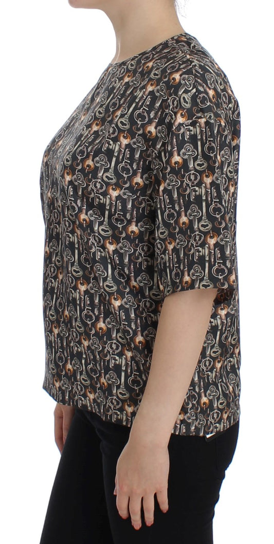 T-shirt in seta con stampa chiave grigio oro Dolce & Gabbana