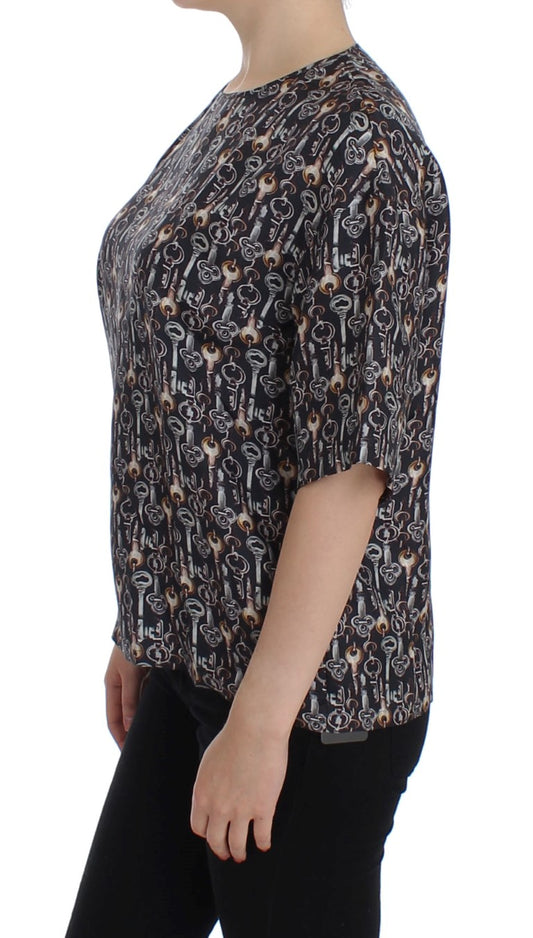 T-shirt in seta con stampa chiave grigio oro Dolce & Gabbana