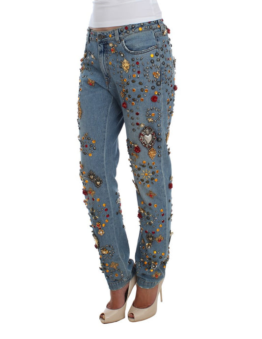 Jeans Dolce & Gabbana con rose di cristallo e cuore decorato
