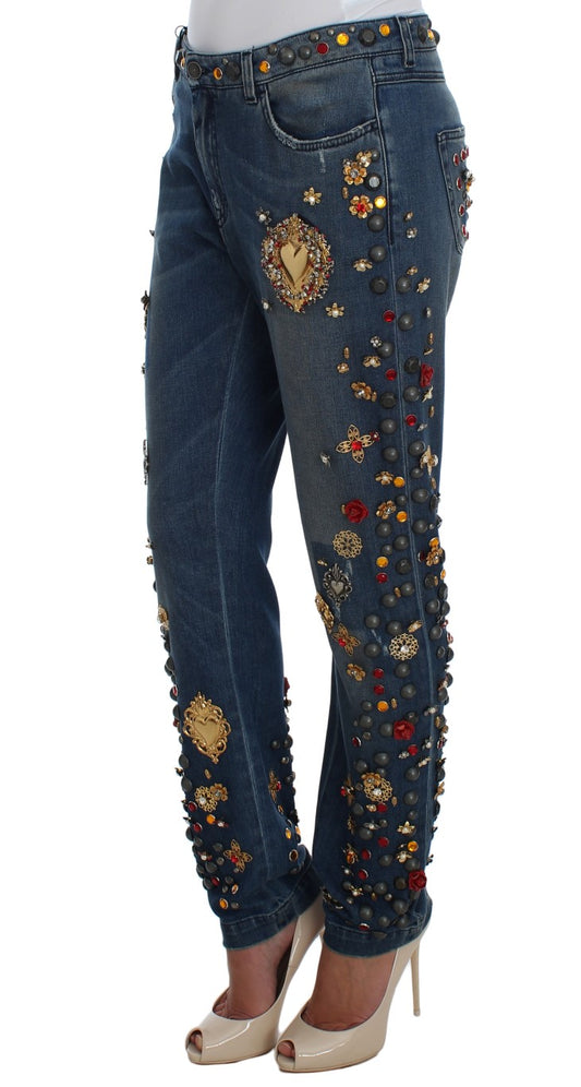 Jeans Dolce & Gabbana con rose di cristallo e cuore decorato
